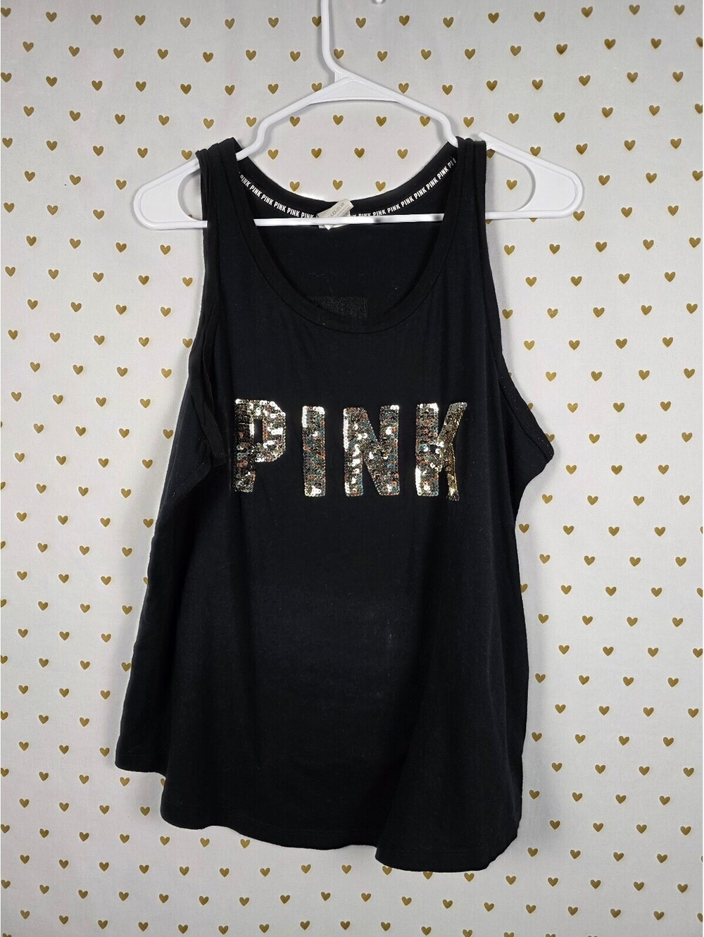 Victorias Secret PINK Gold Bling Tank top Logo Sequined Tee Large